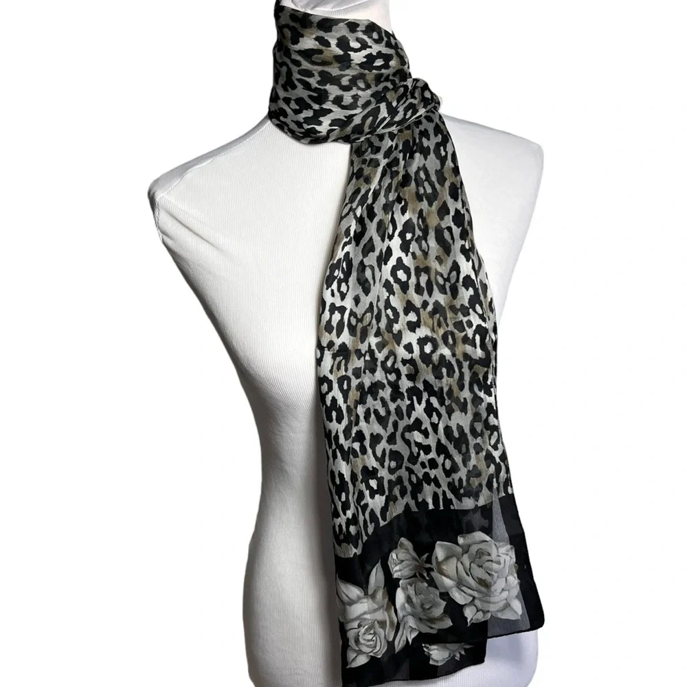 Scarf animal print floral gray black lightweight silky no tags - Picture 3 of 4